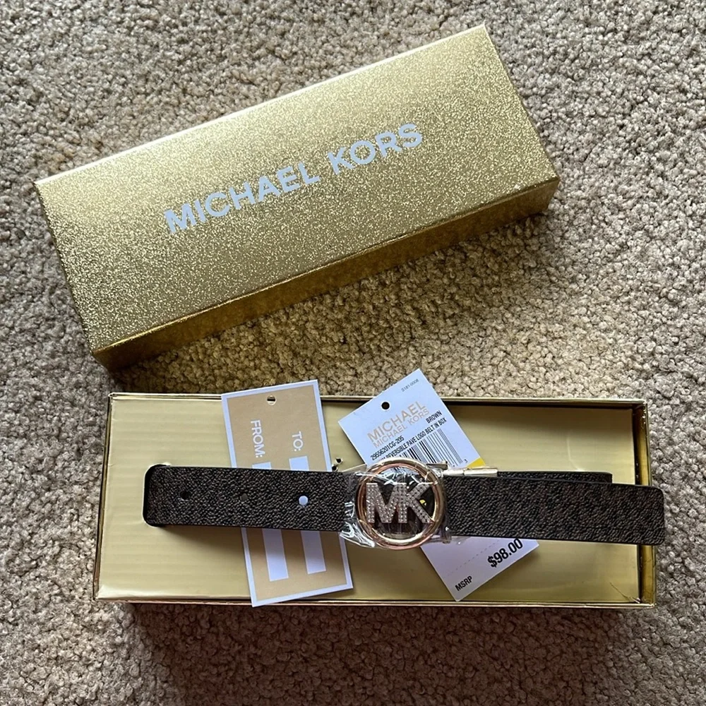 Michael Kors Women's Brown Reversible Pave Logo Belt in Box. NWT